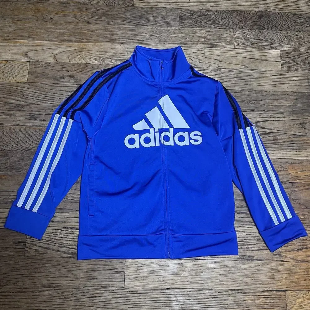 Adidas Boys Track Jacket Size 6 Zip Up Black Camo Blue White 3 Stripes Logo Kids